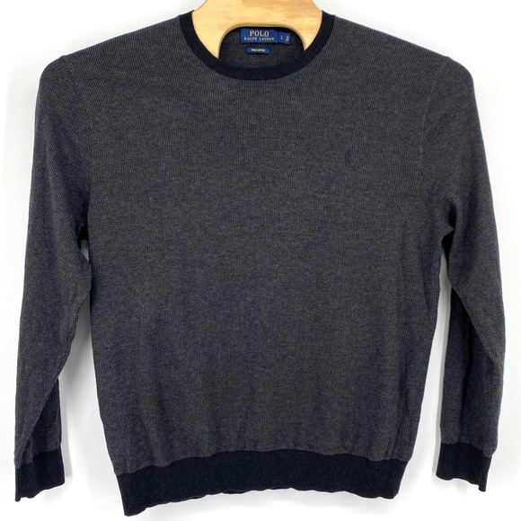 Polo Ralph Lauren Mens Large Dark Gray Waffle Knit Pima Cotton Crewneck Sweater - Picture 2 of 7